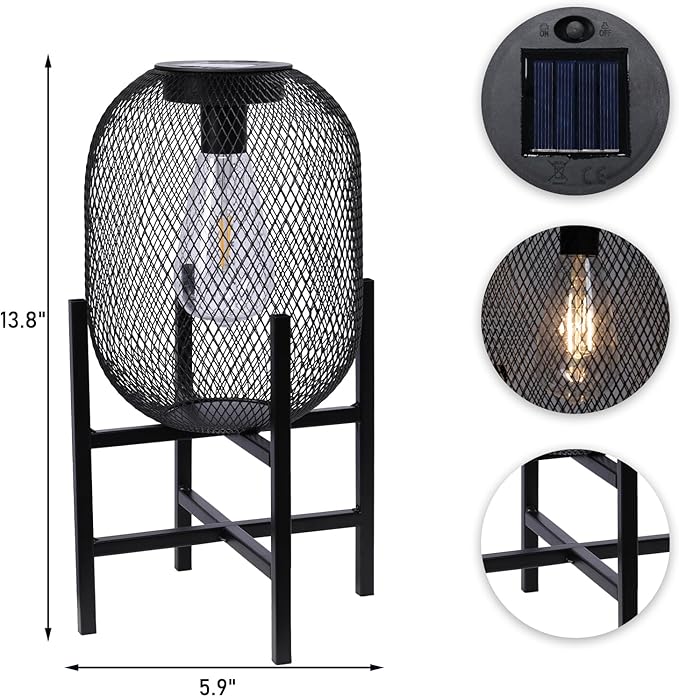 Solar Mesh Lantern Outdoor – 13.8" Tall Black Metal Patio Light with Edison Glass Bulb, Solar Powered Warm Glow LED, Waterproof IP65 for Garden, Porch, Deck, Tabletop Decor