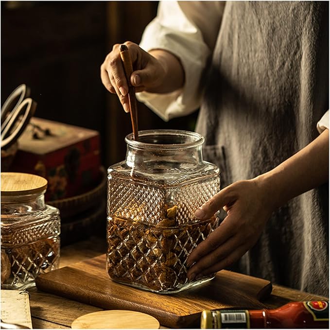 Large Glass Storage Jar, 60 FL OZ Glass Food Storage Containers with Bamboo Lid, Kitchen Containers Cereal Canisters Decorative Jar for Candy Snack Cookies Coffee Tea Nuts Airtight Glass Jars (Square)