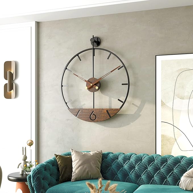 Modern Wood Walnut Dial Wall Clock, Large Simple Wall Decor Metal Frame Silent Non Ticking Clock for Living Room Decor, Kitchen, Bedroom, Study Decoration, Handmade Home Gift Idea, 15.8 in