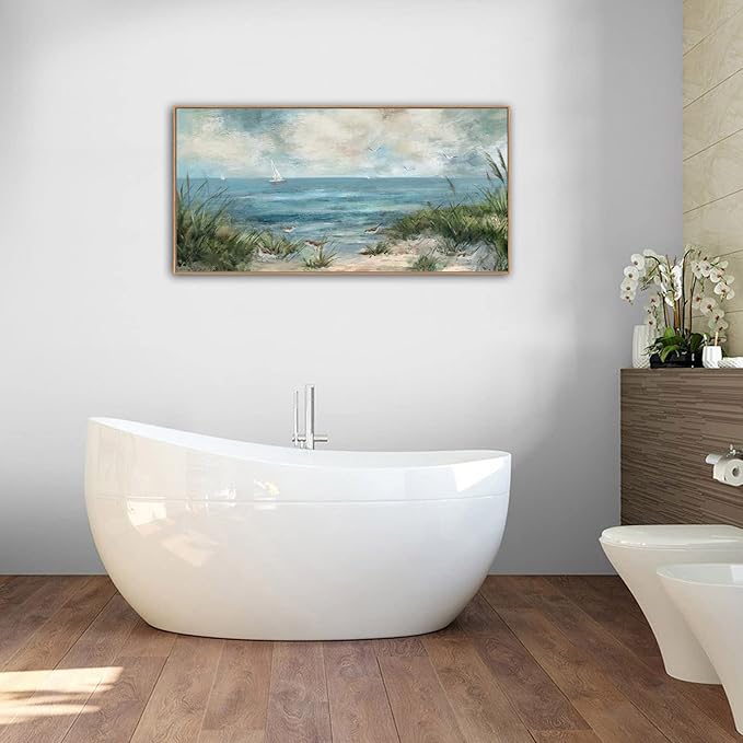 Sea Beach Vintage Seascape Canvas Prints Wall Decor Ocean Sailboat Seagull Beach Bird Reed Canvas Painting Artwork Living Room Bedroom Decoration Natural Framed