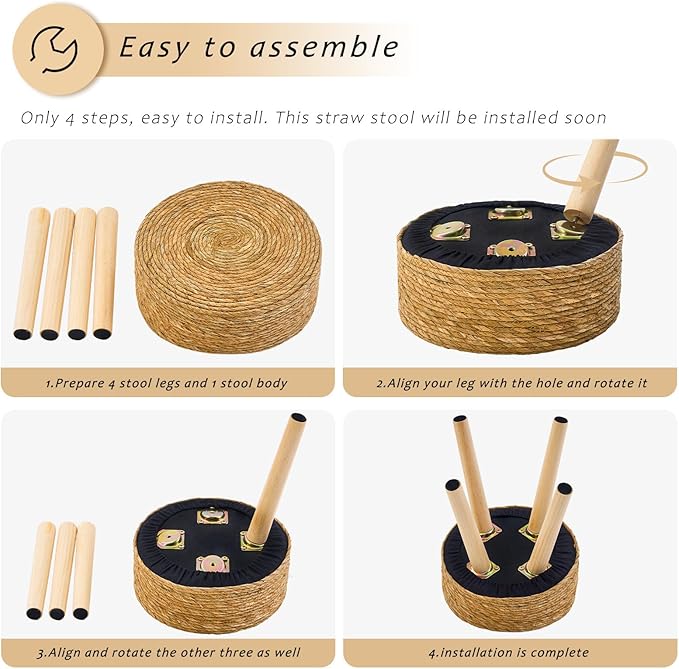 Handwoven Outdoor Ottoman, Water Hyacinth Pouf Round Patio Footstool with Wood Legs, 17-Inch Multipurpose Vanity Stool, Dining Chair, Patio Footrest for Balcony and Garden, White