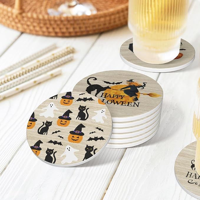 Halloween Coaster for Drinks Set of 6 with Metal Holder and Cork Base Ceramic Drink Coasters Absorbent Cup Mat Non-Slip for Home Kitchen Office Table Decor, 4 Inch