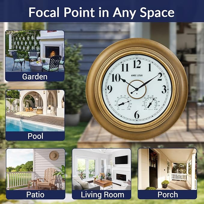 ANDY STAR 21 Inch Outdoor Clocks Waterproof, Large Outdoor Wall Clocks for Patio with Thermometer, Weatherproof Illuminated Clock Battery Operated with Thermometer&Hygrometer, Gold Metal Finish