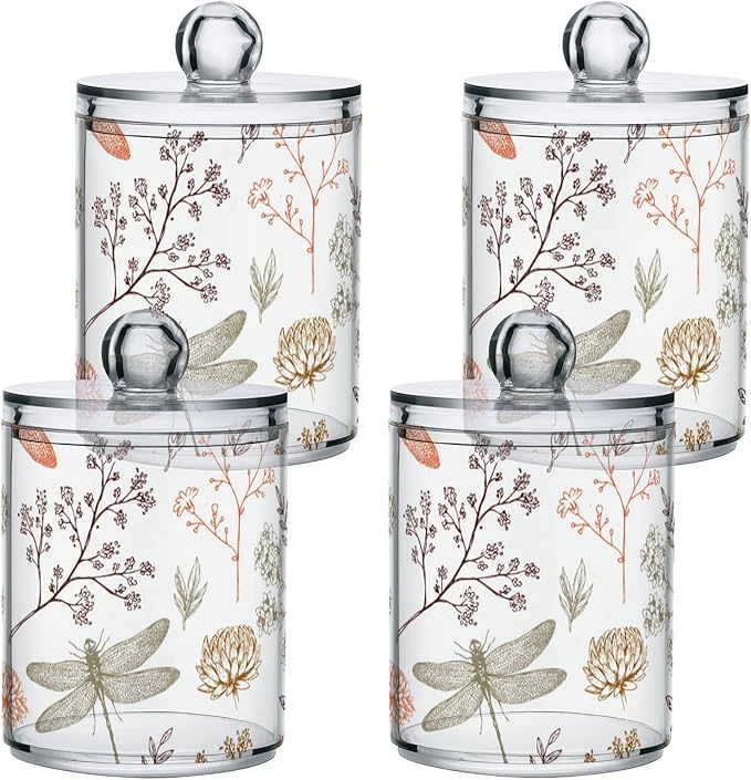 2 Pack Qtip Holder Organizer Dispenser Dragonfly Pattern Bathroom Storage Canister Cotton Ball Holder Container for Cotton Swabs/Pads/Floss
