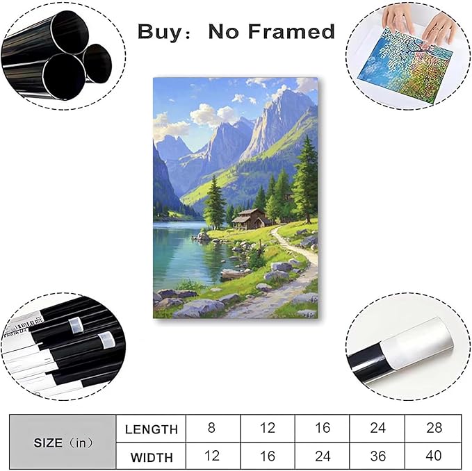 Landscape wall painting of mountain forest lakeside cabin under blue sky and white clouds natural oil painting poster suitable for living room bedroom office