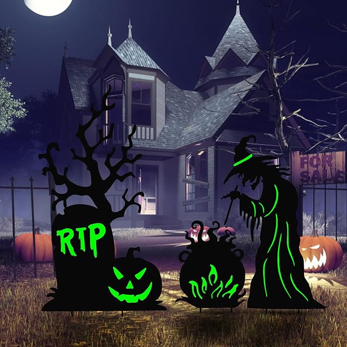 Halloween Yard Signs Outdoor Decorations,3 Pack Warerproof Scary Witch Tombstone Cauldron Fluorescent Metal Stakes Glow in The Dark for Lawn Garden Halloween Decor (Witch Tombstone Cauldron)