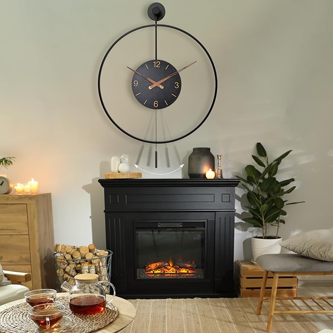 Large Modern Wall Clock,30.7× 20 Inch Big Metal Minimalist Arabic Numeral Dial,Decorative Farmhouse Pendulum Wall Clocks with Walnut Pointers forLiving Room Decor, Office,Dining Room