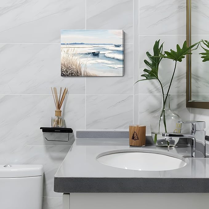 amatop Coastal Wall Art - Nautical Ocean Canvas Print with Light Blue & White Seascape, Boat, Reeds - Beach Picture for Modern Farmhouse, Lake House, Bedroom, Bathroom, Beach-Themed Artwork,16x12