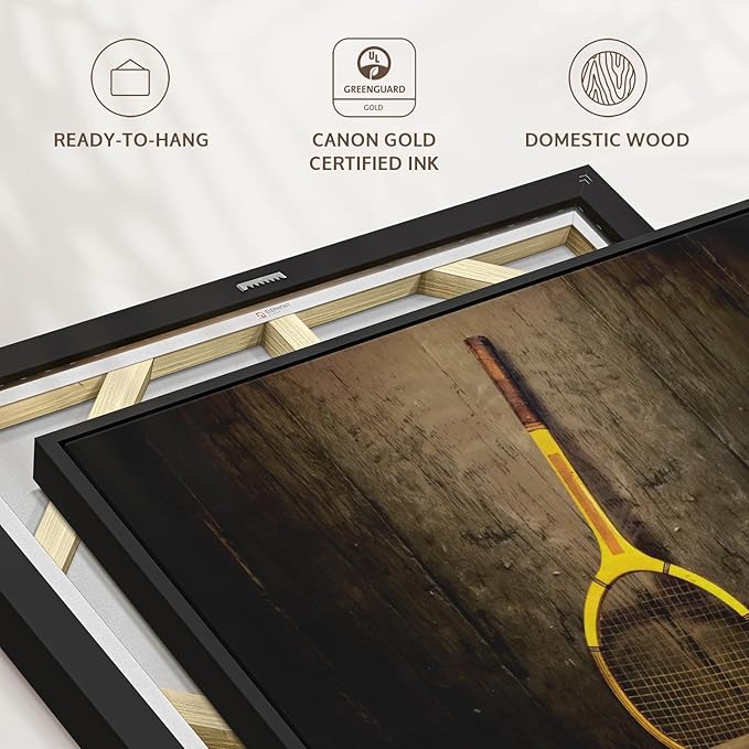 ElephantStock Vintage Tennis Racket Wall Art - Horizontal Framed Canvas - 1-Piece Living Room Wall Decor - Photography Sports Canvas Print - Brown and Black Decor for Wall - 31" X 21"