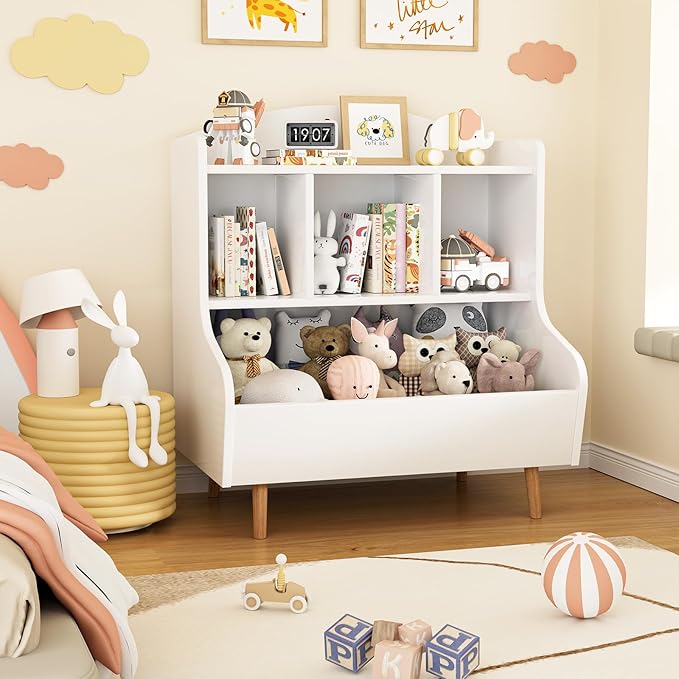 Toy Storage Organizer, 3 Tier Floor Standing Toddler Bookshelf with Legs, 5 Cube Kids Bookshelf and Toy Storage, Book Shelf for Kids Room, Living Room, Nursery, White