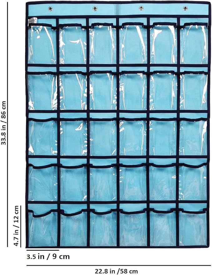Classroom Pocket Chart for Phone Calculator Holder Over The Door Hanging Closet Jewelry Organizer with 30 Clear Pockets (Blue)