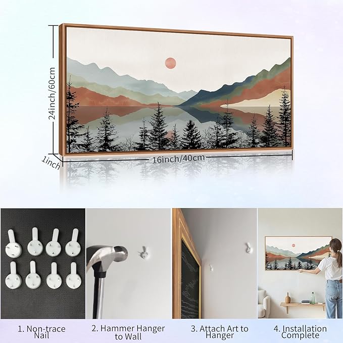 Tinonedraw Boho Mountain Framed Canvas Wall Art Set, Watercolor Nature Landscape Wall Decor, Neutral Modern Sunrise Artwork, Black Pine Trees Forest Art Prints for Living Room Bedroom Office 20"x40"