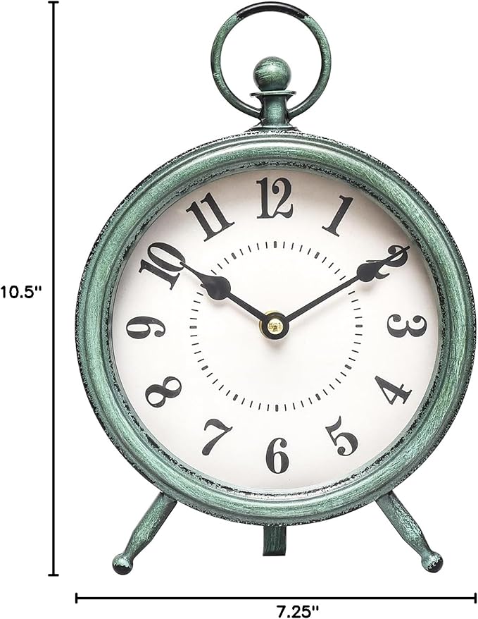 Vintage Rustic Green Table Clock on Stand, Decorative Desk and Shelf Clock,Decorative Battery Operated Table Top Clock for Living Room,Silent Non-Ticking