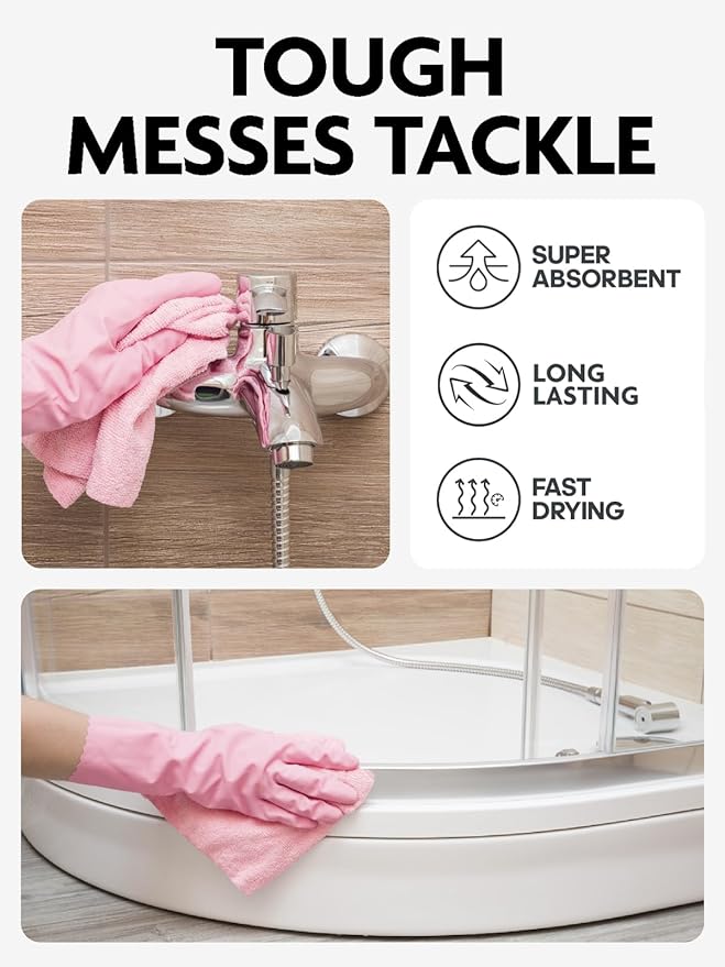 Fantasticlean Microfiber Cleaning Cloth Roll -150 Sheets, Tear Away Microfiber Towels, 12" x 12", Reusable Washable, Ultra Absorbent Dish Rags for Car, Home, Garage or Shop (Pink and Grey)