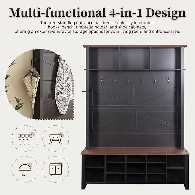 Ball & Cast 4-in-1 Hall Tree with 6 Hooks,Walnut Entryway Bench with Adjustable Shelves,Rustic Shoe Organizer with 16 Open Compartments,for Mudroom,Living Room,Hallway,Black