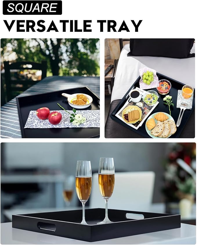 22 Inches Square Wood Ottoman Tray Black, Extra Large Wooden Serving Tray with Handles for Living Room, Serving Food Breakfast, Ottoman Coffee Table Couch Sofa Kitchen