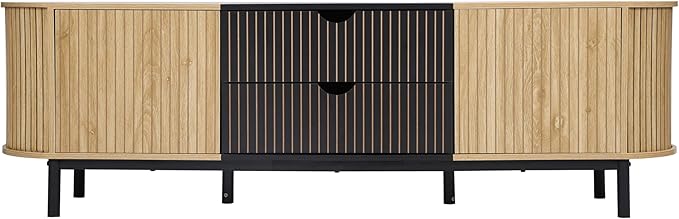 71" Tambour Door TV Stand,Wood Mid Century Modern TV Cabinet for Up to 85“ TV,Curved Edge Long TV Stand with Storage for Bedroom Living Room(Natural, 71inch)