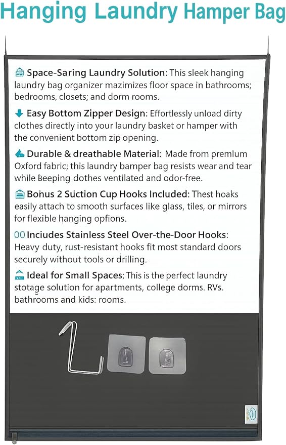 Hanging Laundry Hamper Bag – Space-Saving Dirty Clothes Storage with Free Adjustable Stainless Steel Over-the-Door Hooks & 2 Suction Cup Hooks – Ideal for bathrooms, bedrooms & dorms