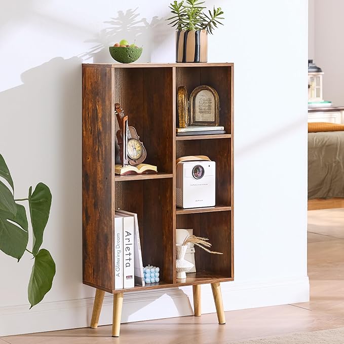 LEYAOYAO 5 Cube Small Bookshelf,3 Tier Mid-Century Bookcase with Legs,Wood Bookshelves Storage Organizer Shelf,Narrow Book Shelves,Brown Bookcases