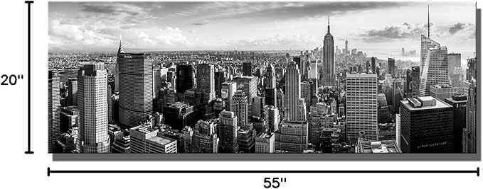 LevvArts New York Canvas Wall Art Black and White City Skyline Picture Panoramic Photo Canvas Print Modern Home Office Living Room Wall Decoration Ready to Hang 20"x55"
