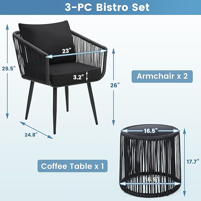 Kromax 3 Pieces Patio Rattan Bistro Conversation Set, Outdoor All-Weather Wicker Furniture Chairs and Side Table Set Ideal for Balcony, Porch and Backyard, Black