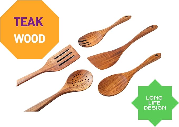 5 Piece Wooden Spoons for Cooking - Natural Finish Wooden Cooking Utensils - Soft Grip Wood Spoons - Non-Stick Wooden Spoons