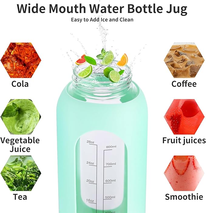 64 oz Glass Water Bottle With Straw and Handle, Half Gallon Sports Motivational Water Jug Flask with Silicone Sleeve, Large Water Cup with Time Marker for Travel, Gym, Dark Blue