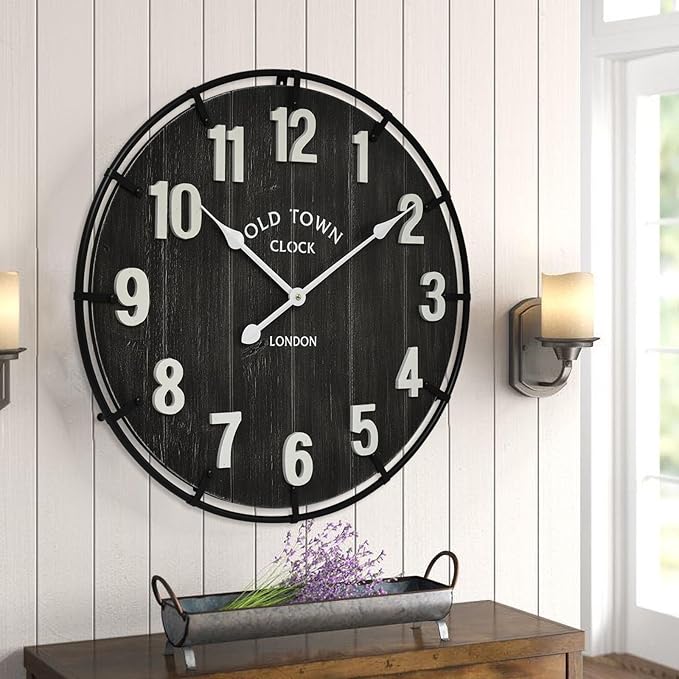 Large Old Town Farmhouse Wall Clock – 24 Inches Rustic Antique Wood with Metal Circle and Large Numerals, Silent Battery Operated Clock for Office, Kitchen, Bedroom, Living Room (Black)