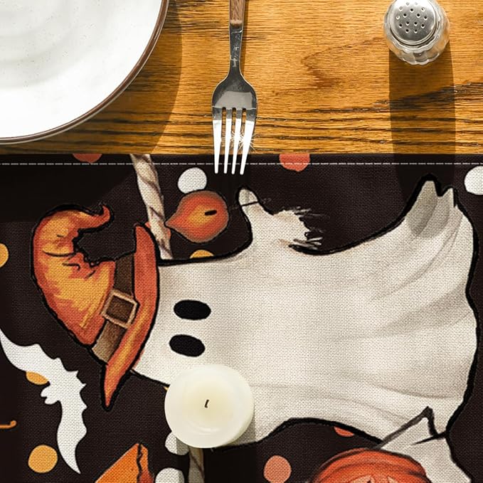 Artoid Mode Ghost Jack-O'-Lantern Black Cat Halloween Table Runner,Holiday Kitchen Dining Table Decoration for Home Party Decor 13 x 108 Inch