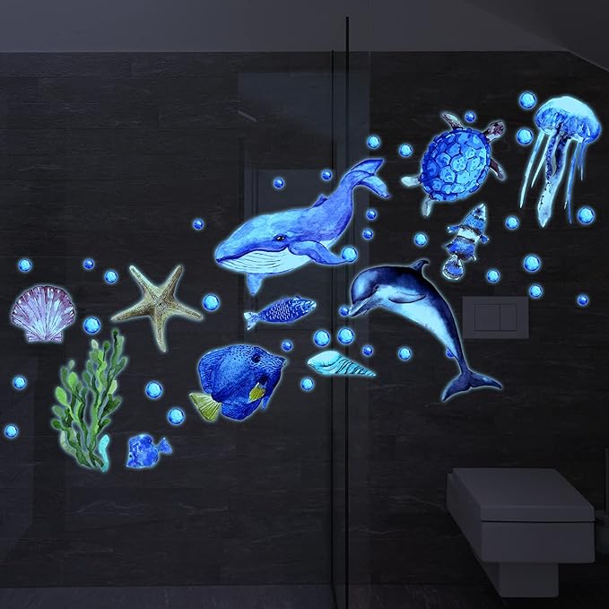 52 Pcs Ocean Fish Wall Decals Glow in The Dark Under The Sea Wall Decals Sea Animals Stickers Removable Waterproof Peel and Stick for Kids Bathroom Watercolor Ocean Decor(Cute Style)