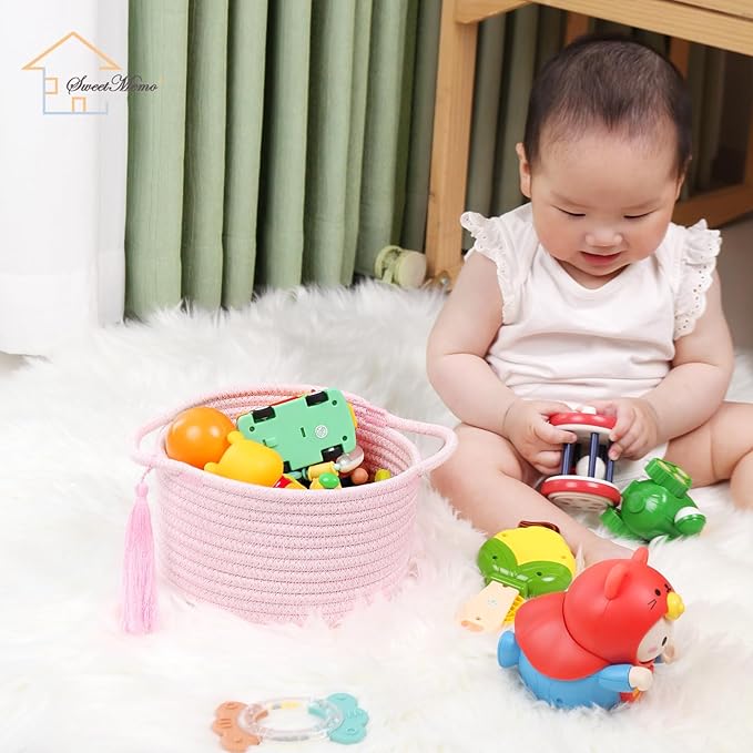 Empty Gift Basket – SweetMemo Mini Woven Rope Organizer Baskets for Gifting, Baby Shower, Desk, Makeup Brushes, Bathroom, Shelves – Small Decorative Storage Bin with Gift Bag & Ribbon – Blush Pink