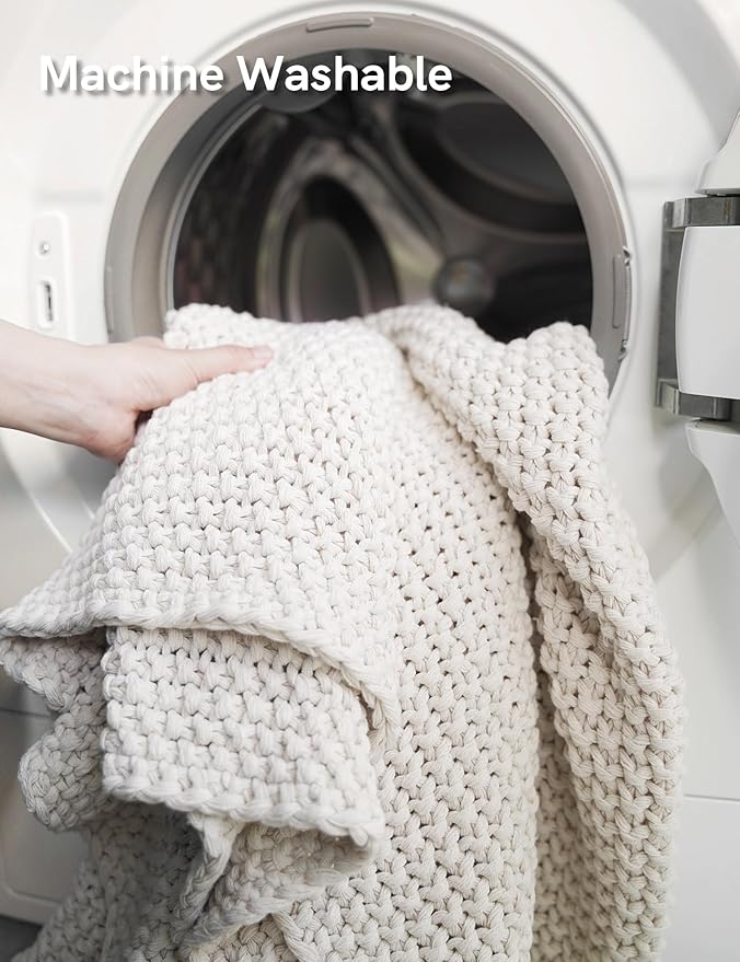 YnM Chunky Cotton Knit Throw Blanket, Cable Knit Throws for Bed Couch Sofa, Comfy & Relaxing, Decorative Piece for Farmhouse Modern Boho Rustic Scandinavian Chic Vibe, Beige 40x50 Inches