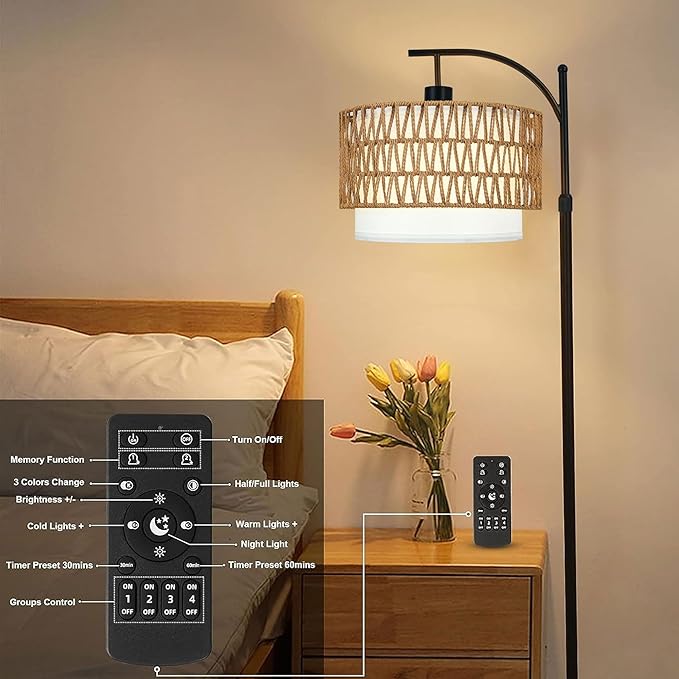 Arc Floor Lamp with Table and Shelves,Rattan Boho Floor Lamp with Remote Control,Rustic Floor Lamps for Bedroom Wicker Standing Lamp with 3 Color Temperature Tall Lamp for Living Room Corner
