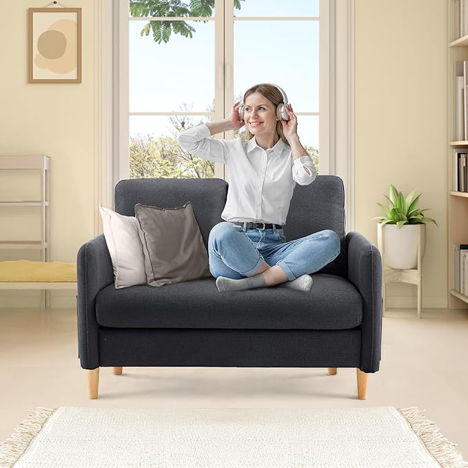 VINGLI 47" Small Couch, Linen Loveseat Sofa Black Mini Couch Mid Century Modern Decor Love Seat for Small Spaces Living Room, Bedroom, Play Room
