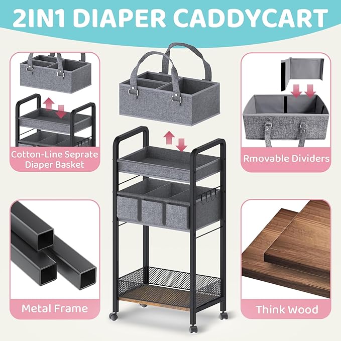 2IN1 Baby Diaper Caddy Organizer-3 Tier Rolling Storage Cart with Dividers - Bedside Diaper Caddy Cart for Baby Nursery Newborn Essentials-Mobile Utility Carts with Wheels for Changing Table