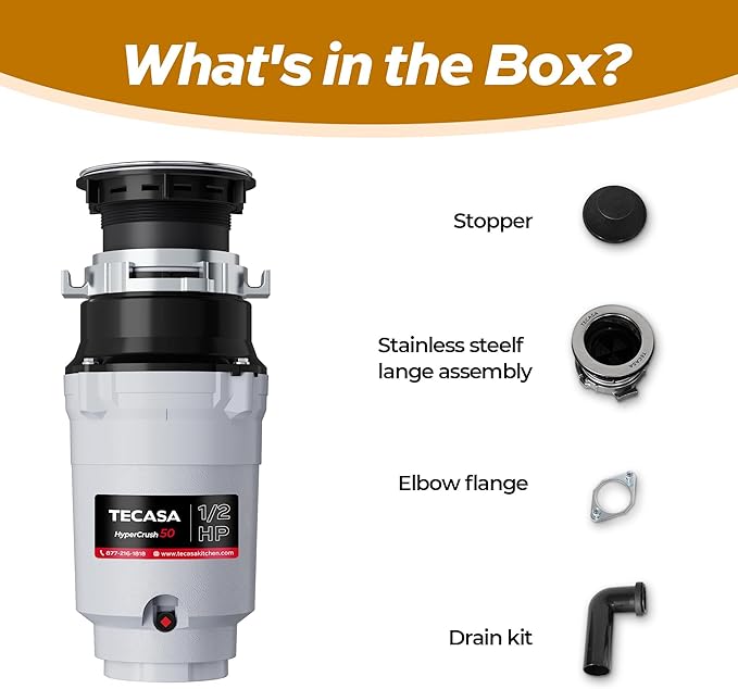 1/2 HP Garbage Disposals, TECASA Continuous Feed, Stainless Steel Food Waste Grinding System for Kitchen Sink Food Waste, Power Cord Included, UL Certified - HyperCrush 50