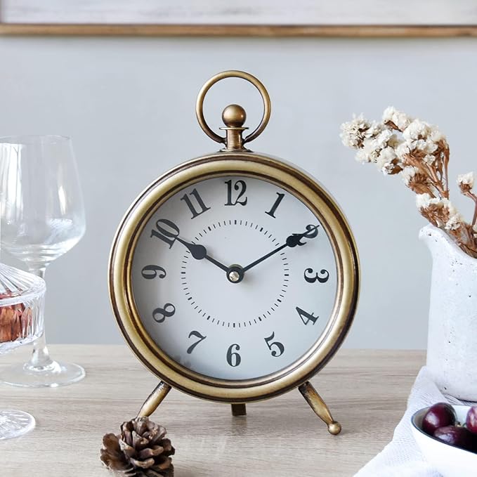 Vintage Table Clock on Stand, Decorative Desk and Shelf Clock Farmhouse Mantel Non-Ticking Clock Rustic Metal Frame with Antique Gold Finish