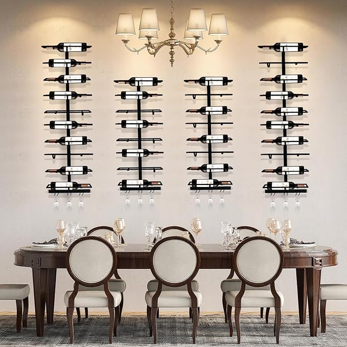 10 Bottle Wall Mount Wine Rack with Wine Glass Holder, Metal Wine Wall Rack, Wall Racks for Wine Bottles Display and Storage, Hanging Bottle Organizer for Living Dining Room Wine Cellar Bar (Black)