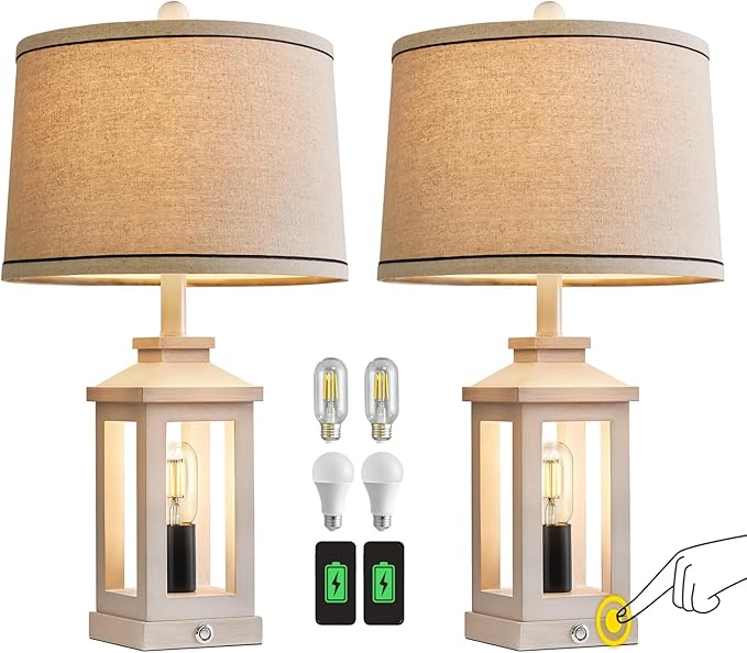 23.75" Retro Farmhouse USB C+A Ports Table Lamp Set of 2 with 3 Way Dimmable Touch Control White Nightlight Vintage Modern Lamp for Living Room Bedroom with 2 Light Sources