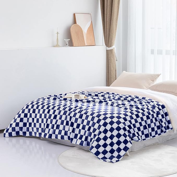 LOMAO Throw Blankets Flannel Blanket with Checkerboard Grid Pattern Soft Throw Blanket for Couch, Bed, Sofa Luxurious Warm and Cozy for All Seasons (Dark Blue, 60"x80")