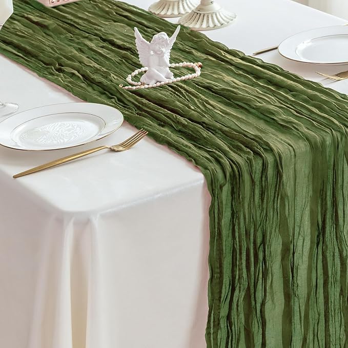 Sioloc 10 Pack Moss Green Cheesecloth Table Runner Fall Autumn Decor for Home 10ft Table Cloth for Tea Wedding Birthday Party Baby Bridal Shower Halloween Thanksgiving