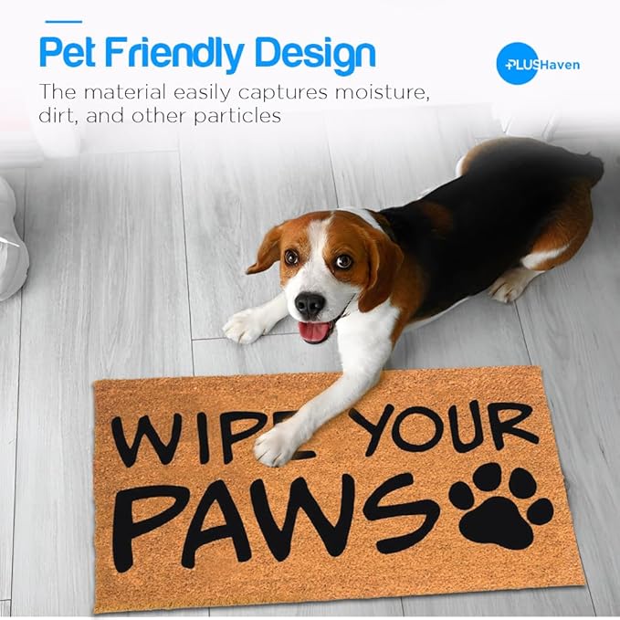 PLUS Haven Coco Coir Door Mat with Heavy Duty Backing, Natural Wipe Your Paws Doormat, 17.5”x30” for Entrance, Front Porch, Easy to Clean Entry Mat, Outdoor and Indoor Uses, Home Decor