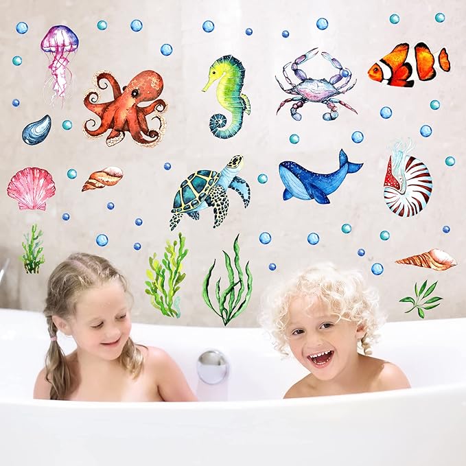 52 Pcs Ocean Fish Wall Decals Glow in The Dark Under The Sea Wall Decals Sea Animals Stickers Removable Waterproof Peel and Stick for Kids Bathroom Watercolor Ocean Decor(Funny Style)