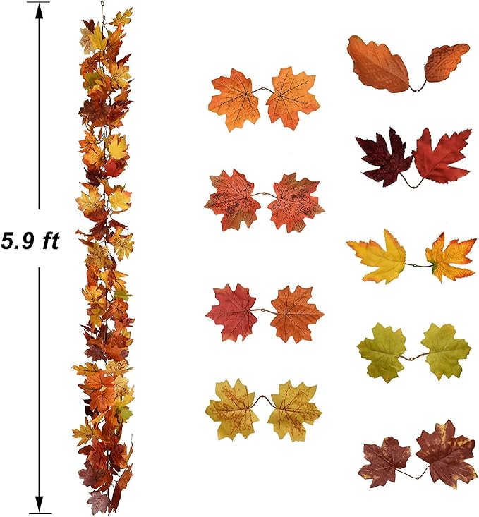 Lvydec 2 Pack Fall Maple Garland - 5.9ft/Strand Artificial Fall Foliage Garlands Assorted Color Leaves Autumn Decor for Home Wedding Halloween Thanksgiving Party