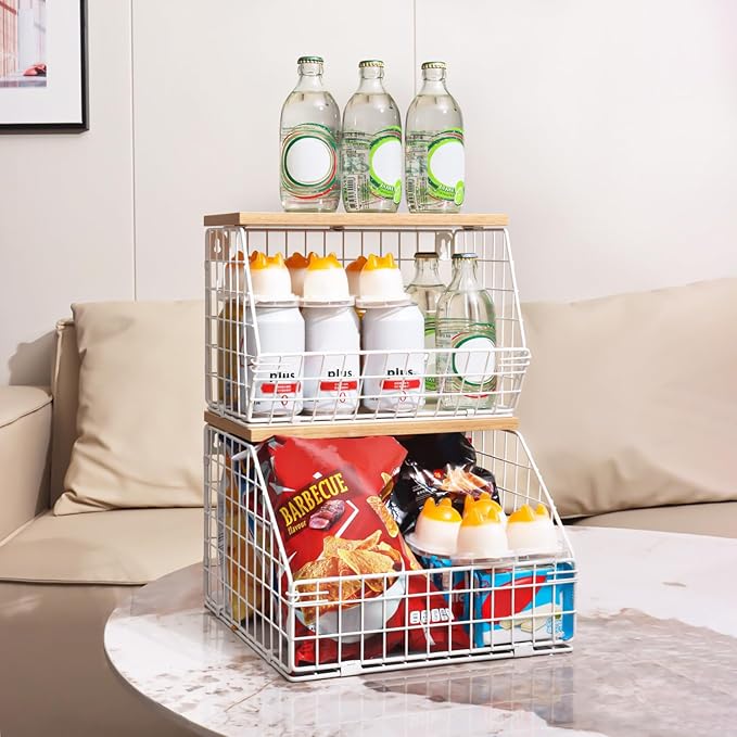 White Fruit Bowl, 2-Tier Fruit Basket for Kitchen Counter, Stackable Wall Mounted Veggie Storage, Snack Organizer, Potato and Onion Storage Basket, Hanging Pantry Organizer with Wood Lid, 2 Set