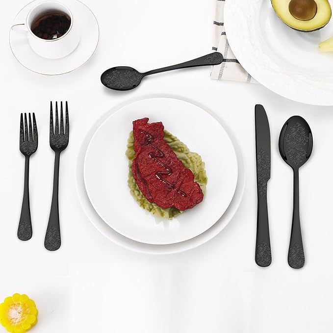 40 Pcs Black Silverware Set for 8 with Classical Flower Embossed Design, Food Grade Stainless Steel Flatware Set, Eating Utensils Sets Include Fork/Knife/Spoon, Cutlery Set, Dishwasher Safe