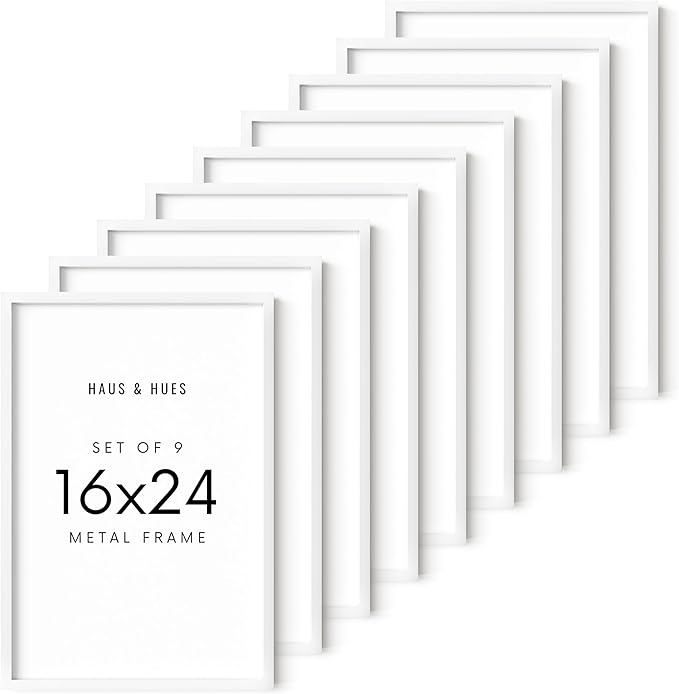 HAUS AND HUES 16x24 White Metal Picture Frames - Features Premium Aluminum, Vertical & Horizontal Hang, Shatterproof Plexiglass - Ideal for Home, Room, Office (16x24 in, White, Set of 9)