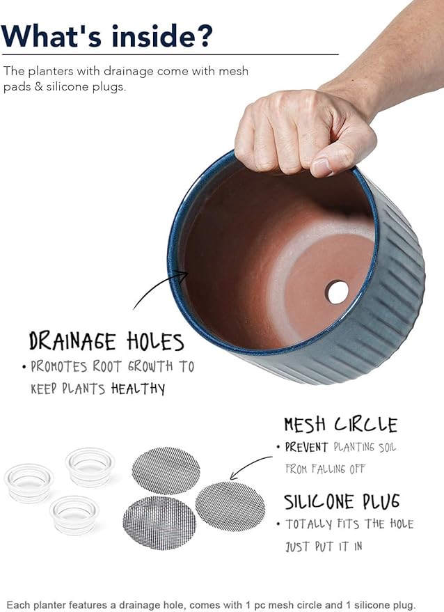 LE TAUCI Fluted Ceramic Planters Set of 3 – 8.3/7 / 5.7 in Ocean Blue Reactive Cylinder Indoor Plant Pots with Drainage Plug & Mesh, Glossy Stoneware Flower Pots for Succulents Herbs