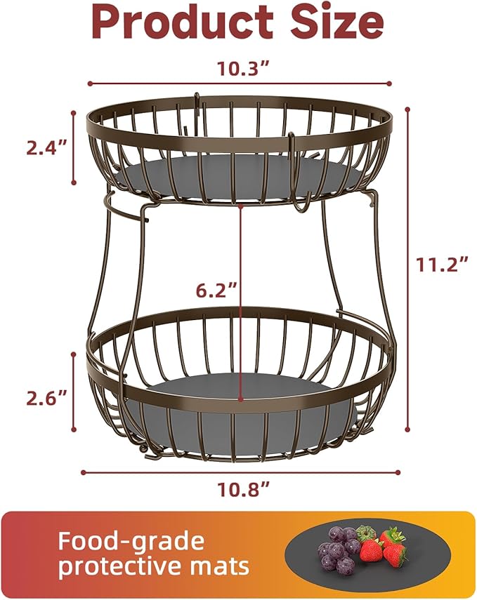 2 Tier Fruit Basket for Kitchen Counter with 2 Banana Hangers, Metal Stackable Fruit Bowl for Kitchen Counter for Bread Vegetable Fruits, Brown