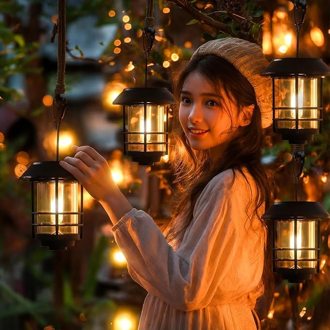 Otdair Solar Lanterns Outdoor Waterproof 2 Pack, Auto On/Off Hanging Solar Lights for Outside with Wall Mount, Glass Outdoor Lighting Outdoor Decorative for Wall, Front Porch, Yard, Garden, Fence